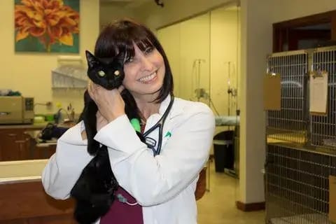 Dr. Ferreira smiles while holding a black cat in front of the cat boarding condos